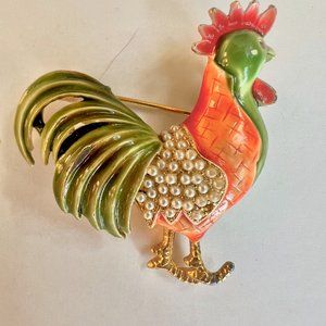 CFW signed vintage Enamel and Pearl Rooster Brooch